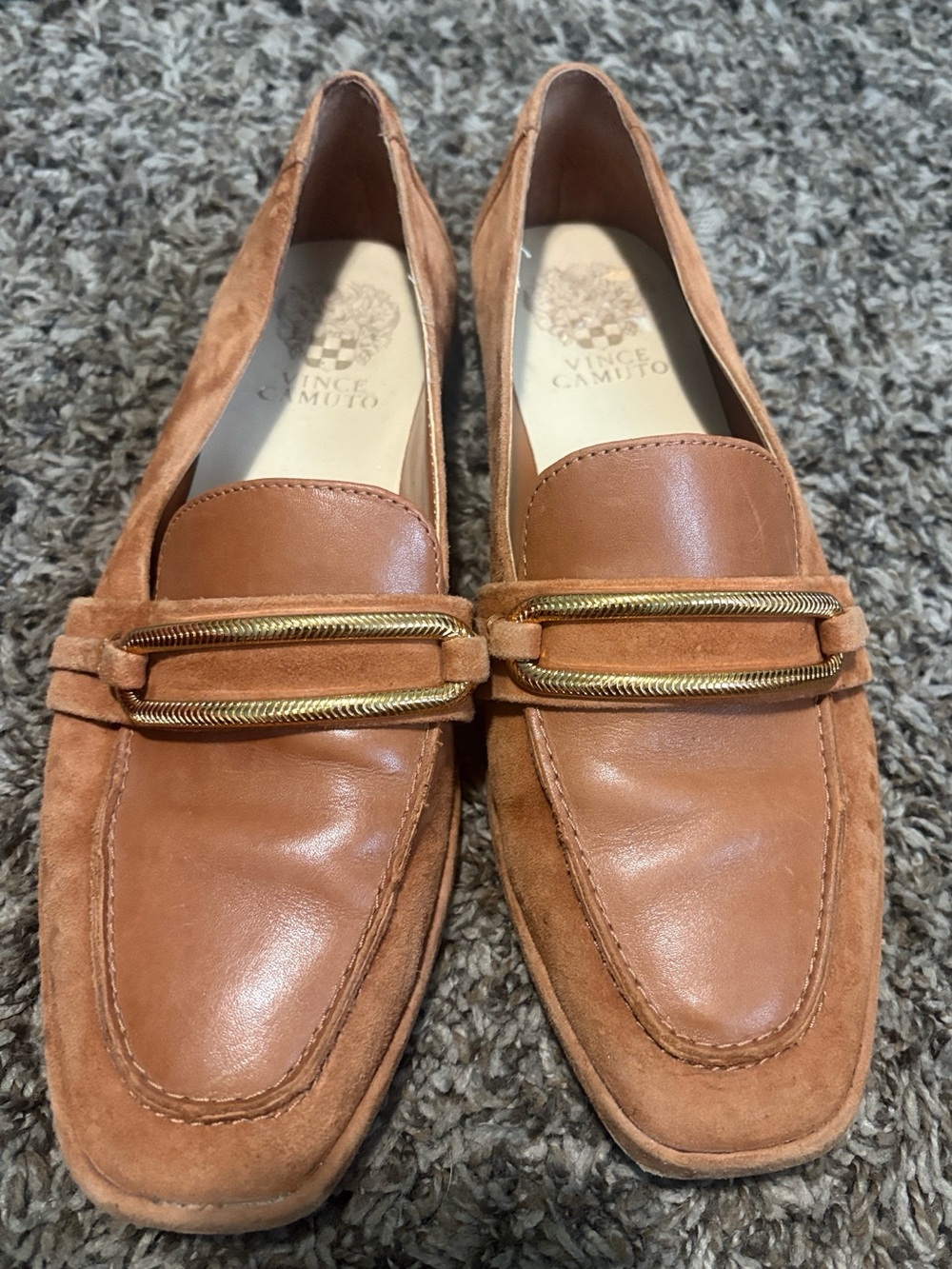 Vince Camuto Cognac Leather & Suede Loafers with Gold Chain